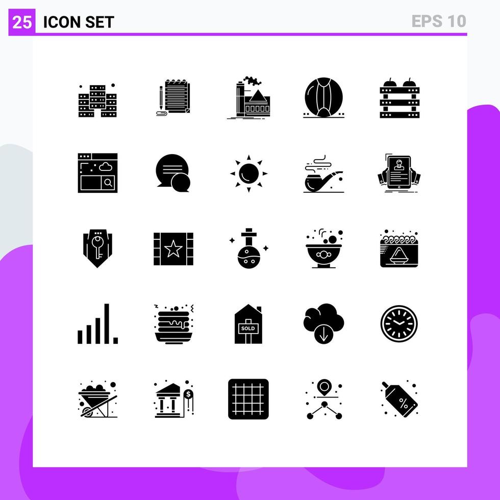 User Interface Pack of 25 Basic Solid Glyphs of apple sea factory plastic ball Editable Vector Design Elements