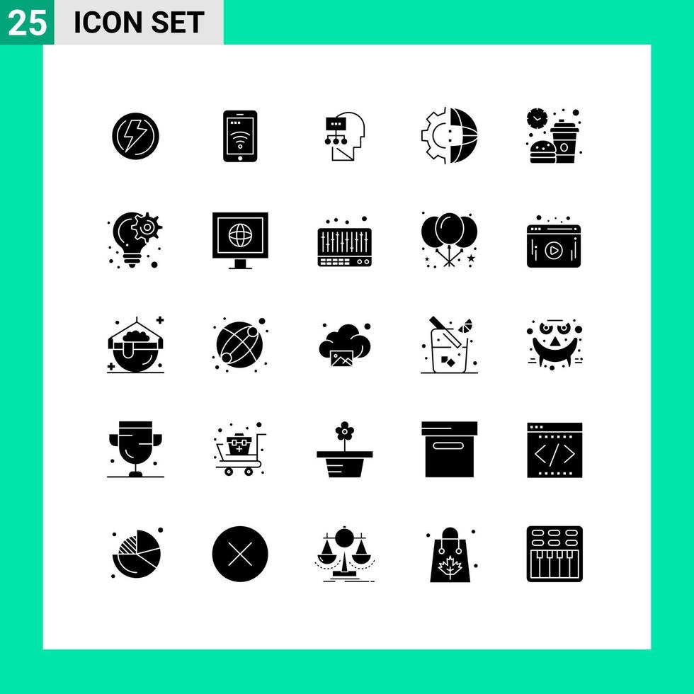 Modern Set of 25 Solid Glyphs Pictograph of production international wifi gear head Editable Vector Design Elements