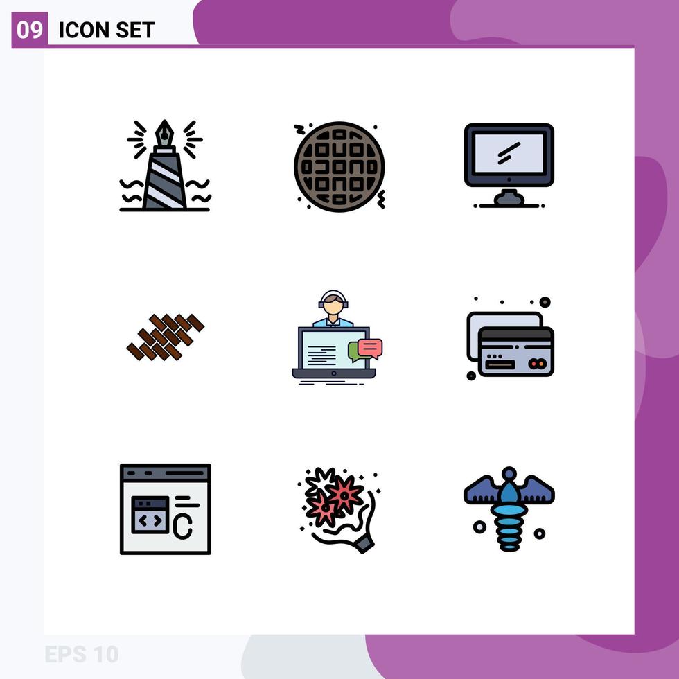 Modern Set of 9 Filledline Flat Colors Pictograph of construction tile computer repair pc Editable Vector Design Elements