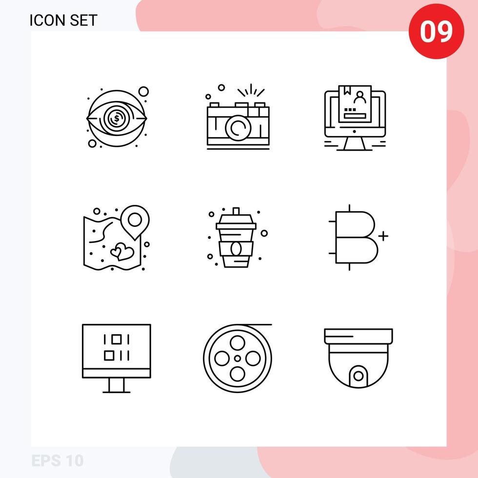 9 Universal Outline Signs Symbols of strategy love capture heart computer Editable Vector Design Elements