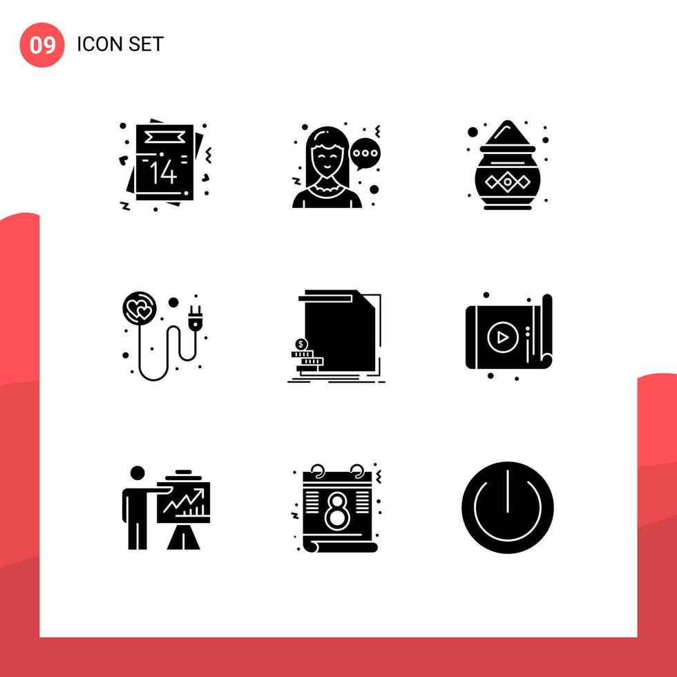 Pack of 9 creative Solid Glyphs of finance romance color recharge heart Editable Vector Design Elements