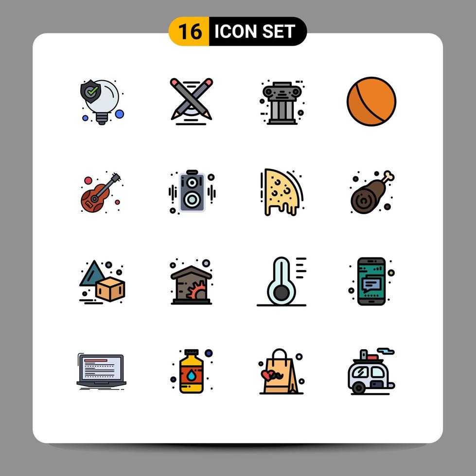 Modern Set of 16 Flat Color Filled Lines and symbols such as instrument toy greek ball history Editable Creative Vector Design Elements