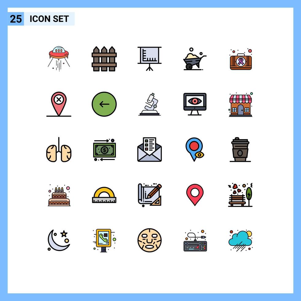 25 User Interface Filled line Flat Color Pack of modern Signs and Symbols of case first aid wood wheel one wheel Editable Vector Design Elements