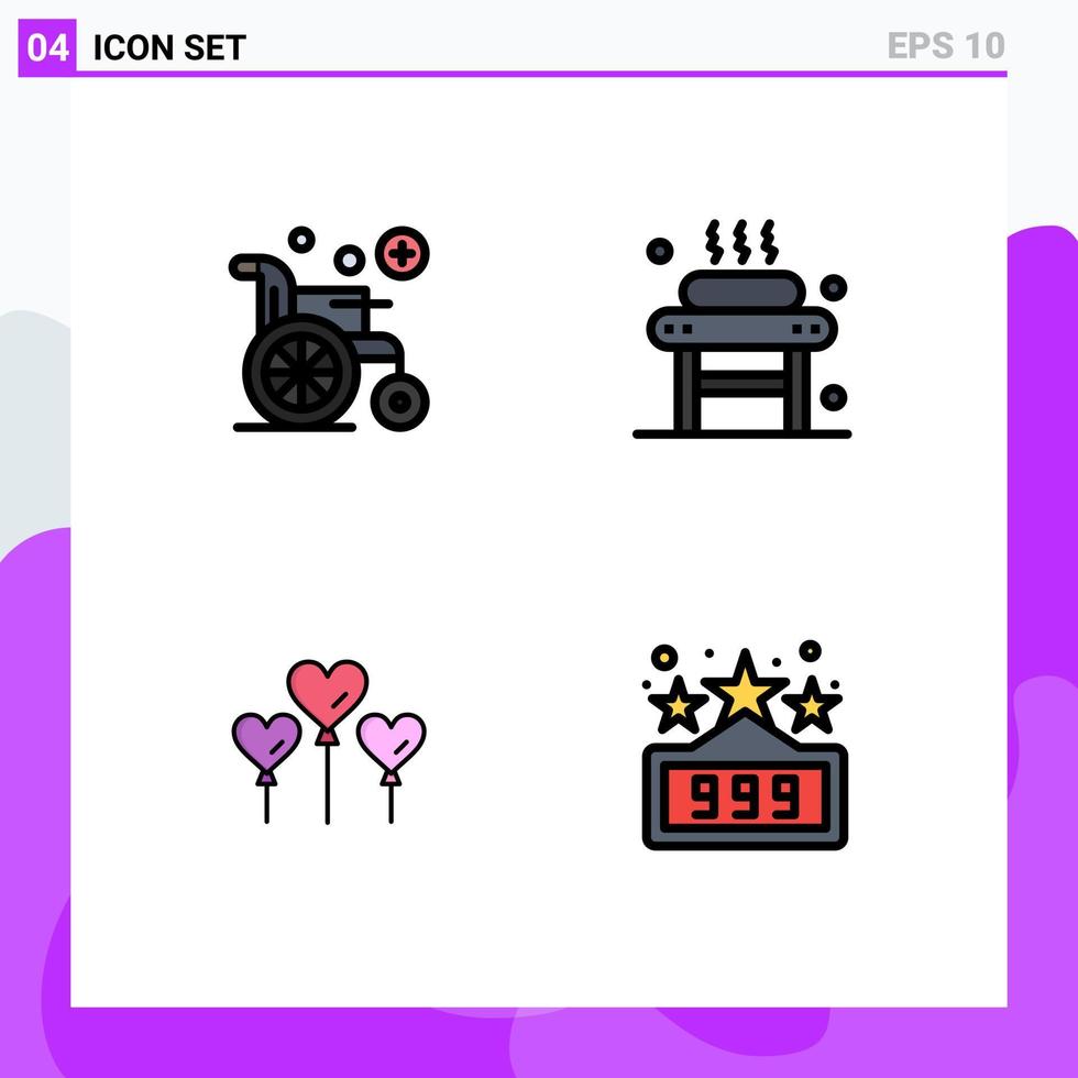 Pack of 4 Modern Filledline Flat Colors Signs and Symbols for Web Print Media such as medical balloon bed spa high score Editable Vector Design Elements