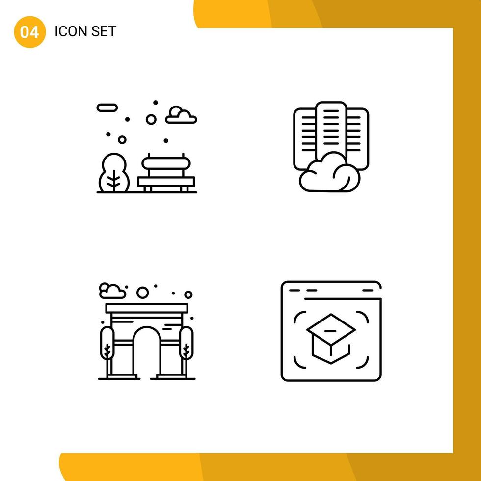 Mobile Interface Line Set of 4 Pictograms of bench door cloud server education Editable Vector Design Elements