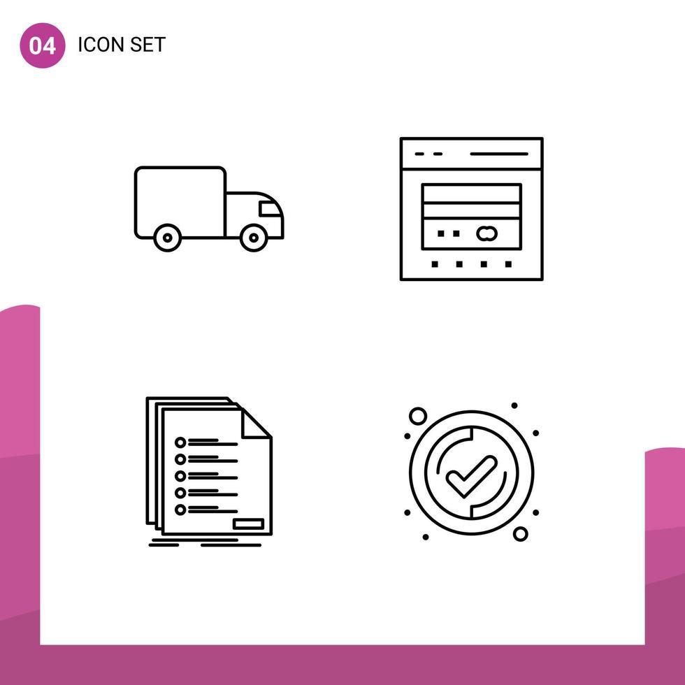 Line Pack of 4 Universal Symbols of delivery check truck credit list Editable Vector Design Elements