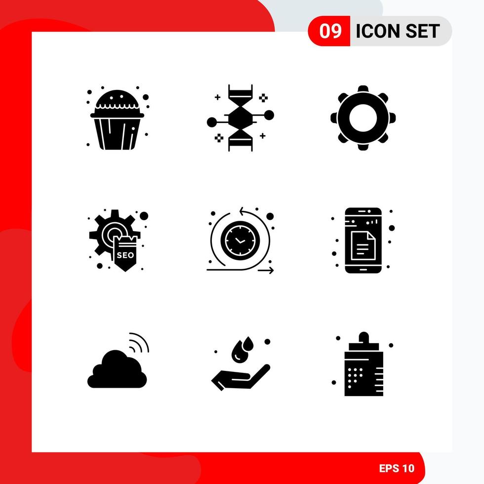 Set of 9 Vector Solid Glyphs on Grid for gear optimization genetic research development mobile Editable Vector Design Elements