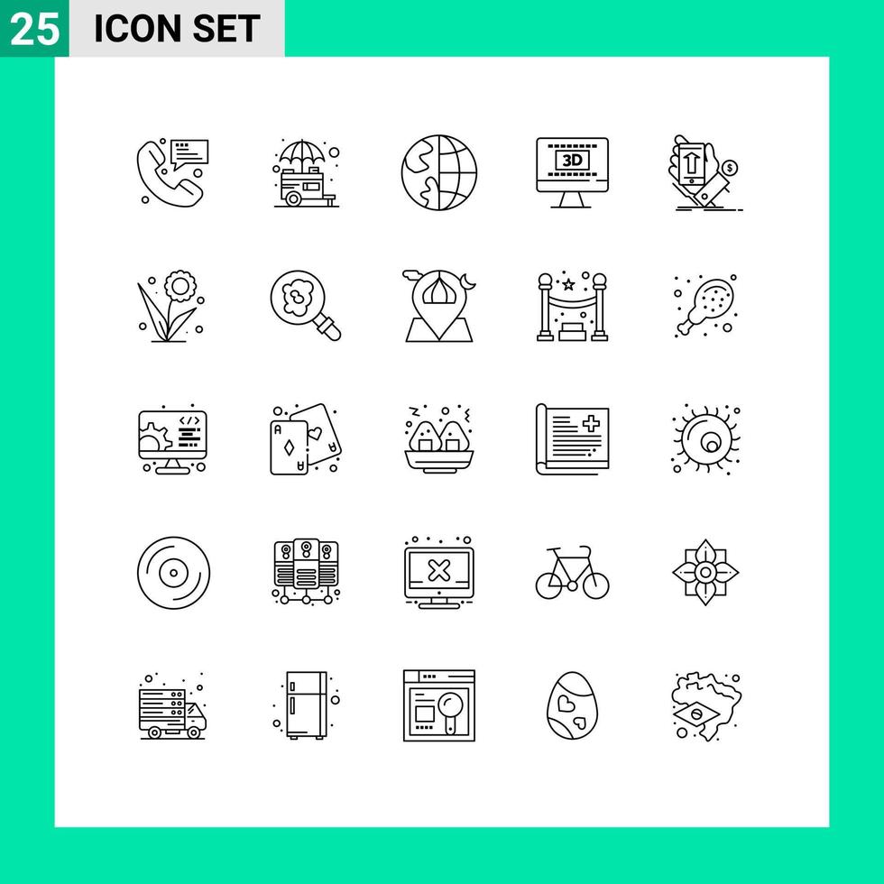 User Interface Pack of 25 Basic Lines of movie cinema street globe contact us Editable Vector Design Elements