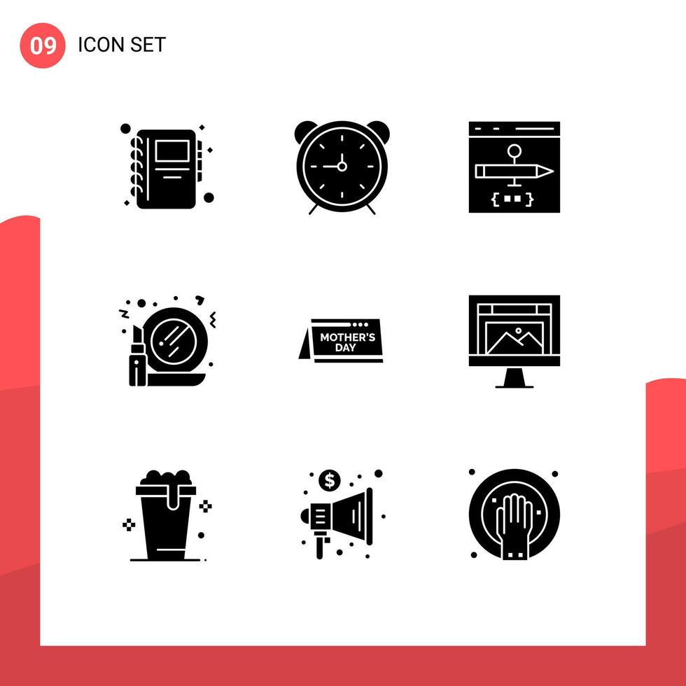 Universal Icon Symbols Group of 9 Modern Solid Glyphs of calendar mirror app make development Editable Vector Design Elements