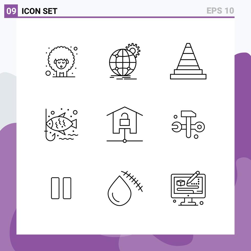 Set of 9 Modern UI Icons Symbols Signs for devices hook gear fishing tools Editable Vector Design Elements
