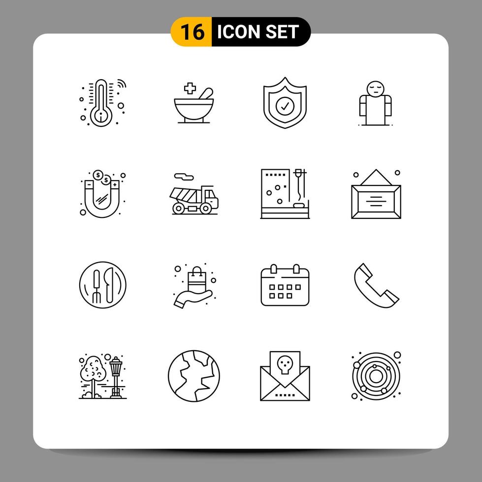 Pack of 16 Modern Outlines Signs and Symbols for Web Print Media such as bike money shield investment person Editable Vector Design Elements