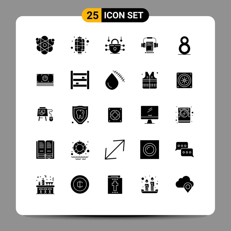 Group of 25 Solid Glyphs Signs and Symbols for money eight internet book audio Editable Vector Design Elements