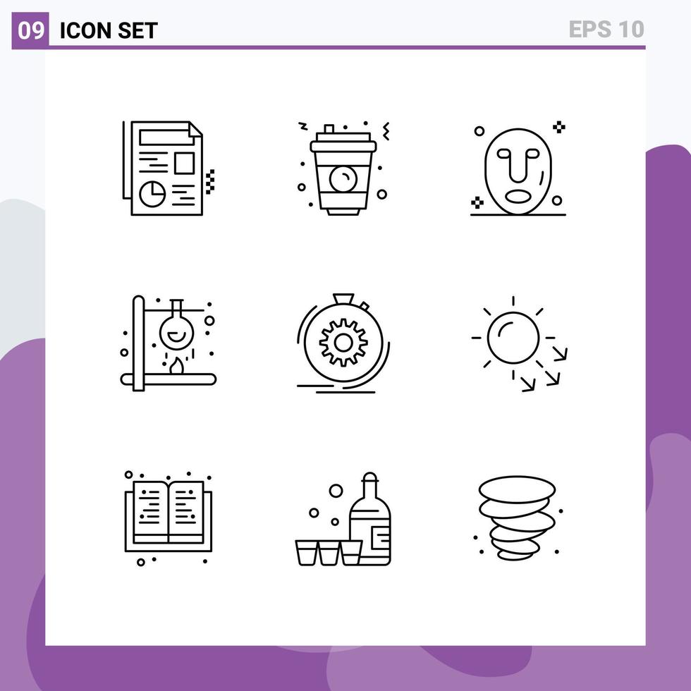 Set of 9 Modern UI Icons Symbols Signs for performance action mask science heat Editable Vector Design Elements