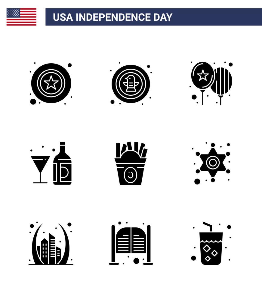 Modern Set of 9 Solid Glyphs and symbols on USA Independence Day such as glass american badge wine party Editable USA Day Vector Design Elements