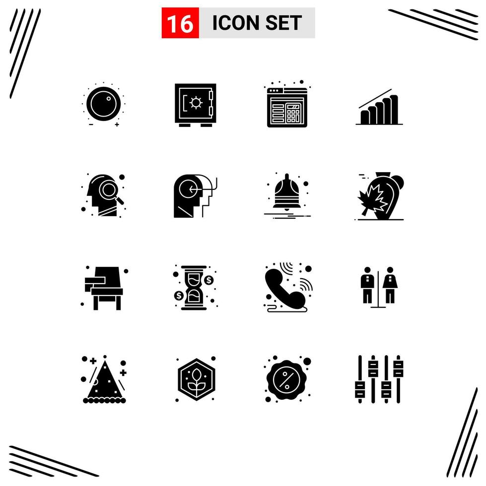 Mobile Interface Solid Glyph Set of 16 Pictograms of magnifying glass analysis secure report chart Editable Vector Design Elements
