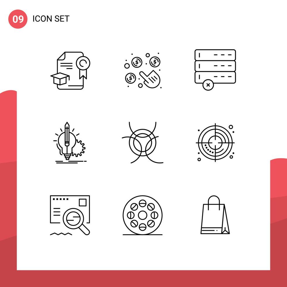 User Interface Pack of 9 Basic Outlines of science lightbulb cancel lamp insight Editable Vector Design Elements