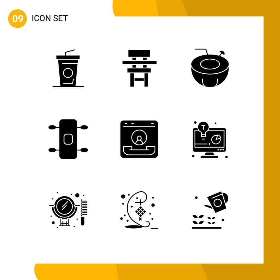 Set of 9 Commercial Solid Glyphs pack for communication call coconut sport longboard Editable Vector Design Elements
