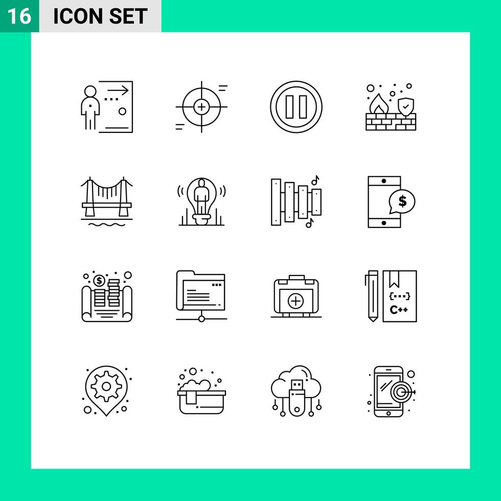 Pack of 16 creative Outlines of bridge security scope firewall pause Editable Vector Design Elements
