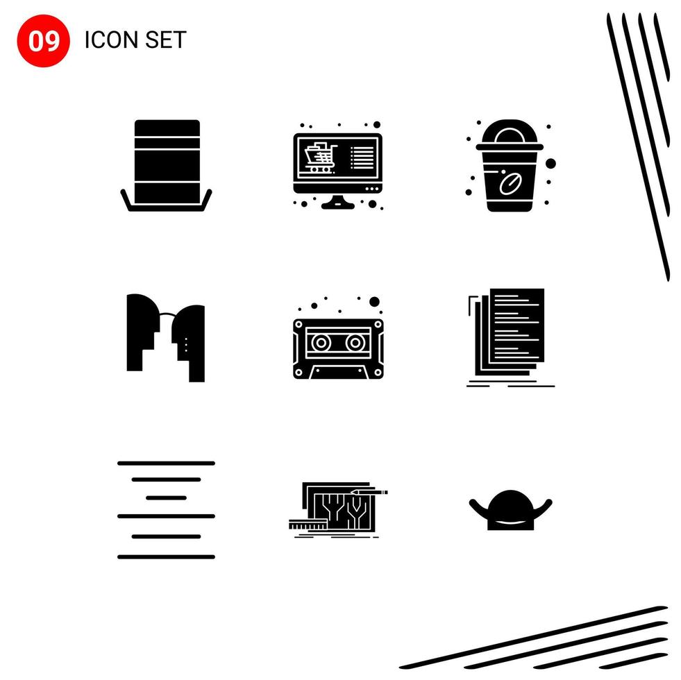 Set of 9 Modern UI Icons Symbols Signs for audio cassette transfer list mind brain Editable Vector Design Elements