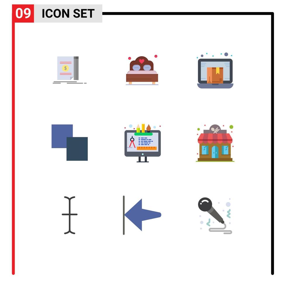paquete de 9 signos y símbolos de colores planos modernos para medios de impresión web, como elementos de diseño de vectores editables de portátiles clonados de cajas de diseño