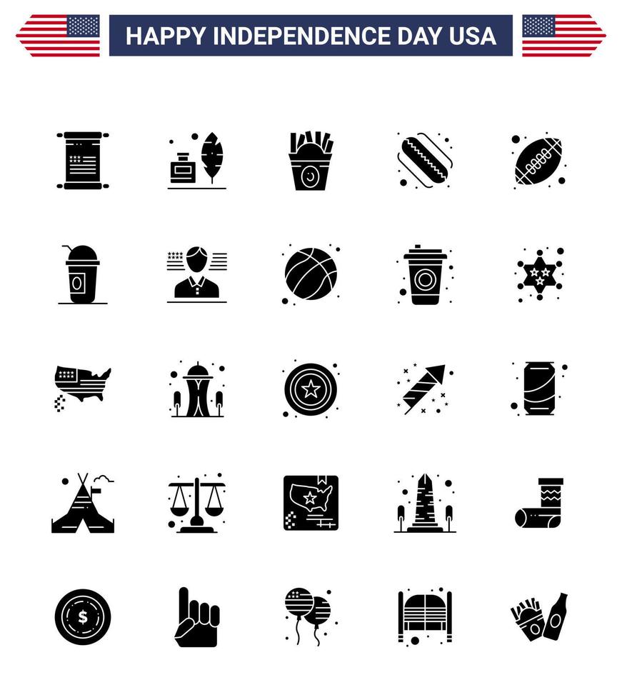 Pack of 25 creative USA Independence Day related Solid Glyph of sports ball frise states american Editable USA Day Vector Design Elements