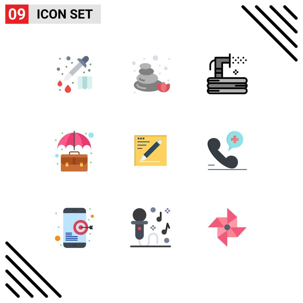 Mobile Interface Flat Color Set of 9 Pictograms of pencil office hose insurance briefcase Editable Vector Design Elements