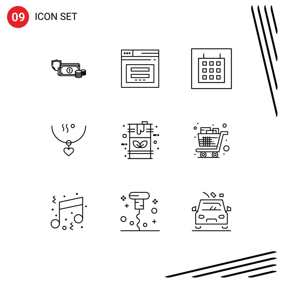 Pack of 9 creative Outlines of marriage amulet secure wireframe calendar Editable Vector Design Elements