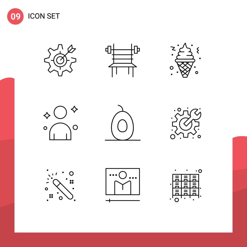 esquema de interfaz móvil conjunto de 9 pictogramas de aguacate hombre gimnasio comida rápida masculina elementos de diseño vectorial editables vector