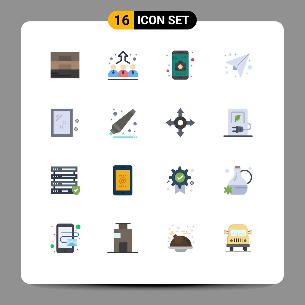 conjunto moderno de 16 colores planos pictograma de aplicación de puerta de limpieza enviar papel paquete editable de elementos creativos de diseño de vectores