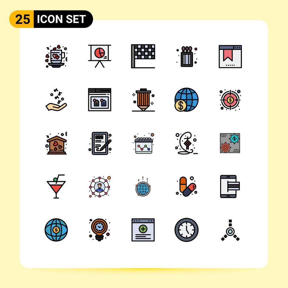 25 Universal Filled line Flat Color Signs Symbols of website browser slide bookmark fire Editable Vector Design Elements