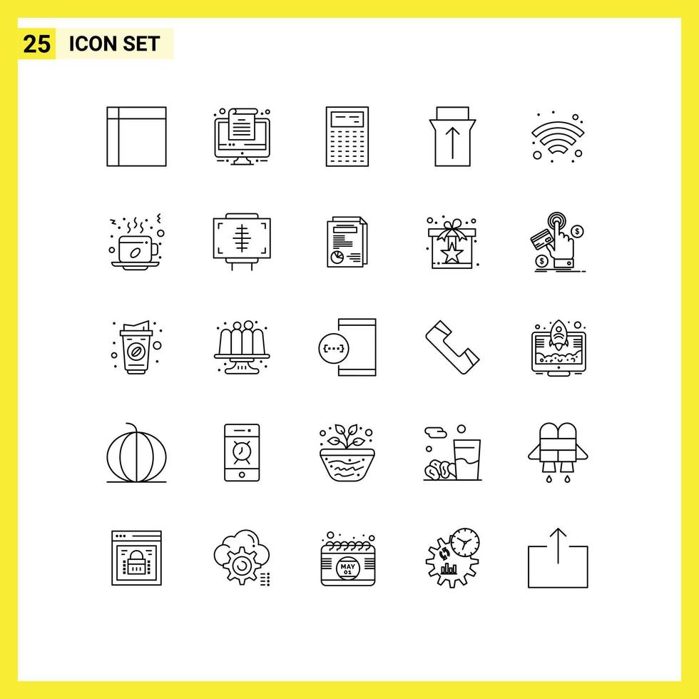Set of 25 Commercial Lines pack for wireless technology calculate touch gesture Editable Vector Design Elements