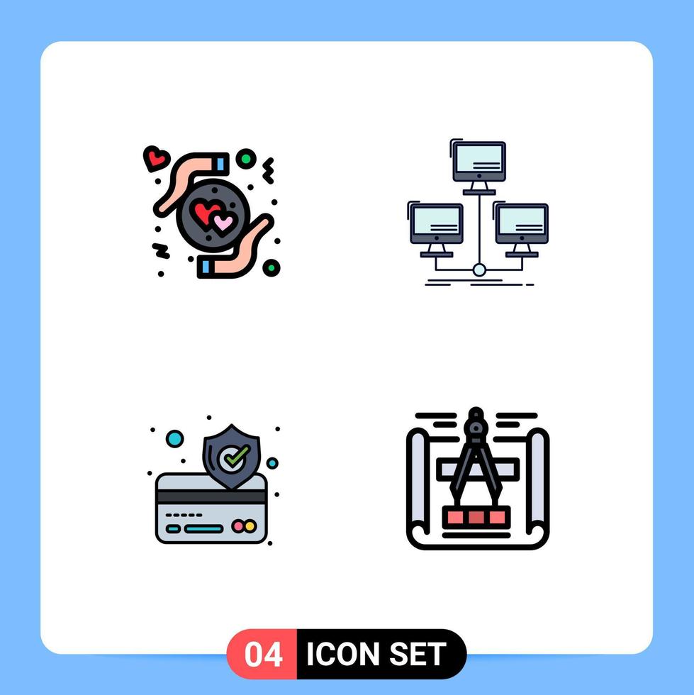 conjunto de pictogramas de 4 colores planos de línea de relleno simple de cuidado tarjeta de crédito conexión cardíaca elementos de diseño vectorial editables seguros vector