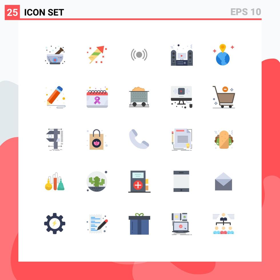 paquete de 25 signos y símbolos modernos de colores planos para medios de impresión web, como elementos de diseño de vectores editables básicos de altavoz del sistema tv ux