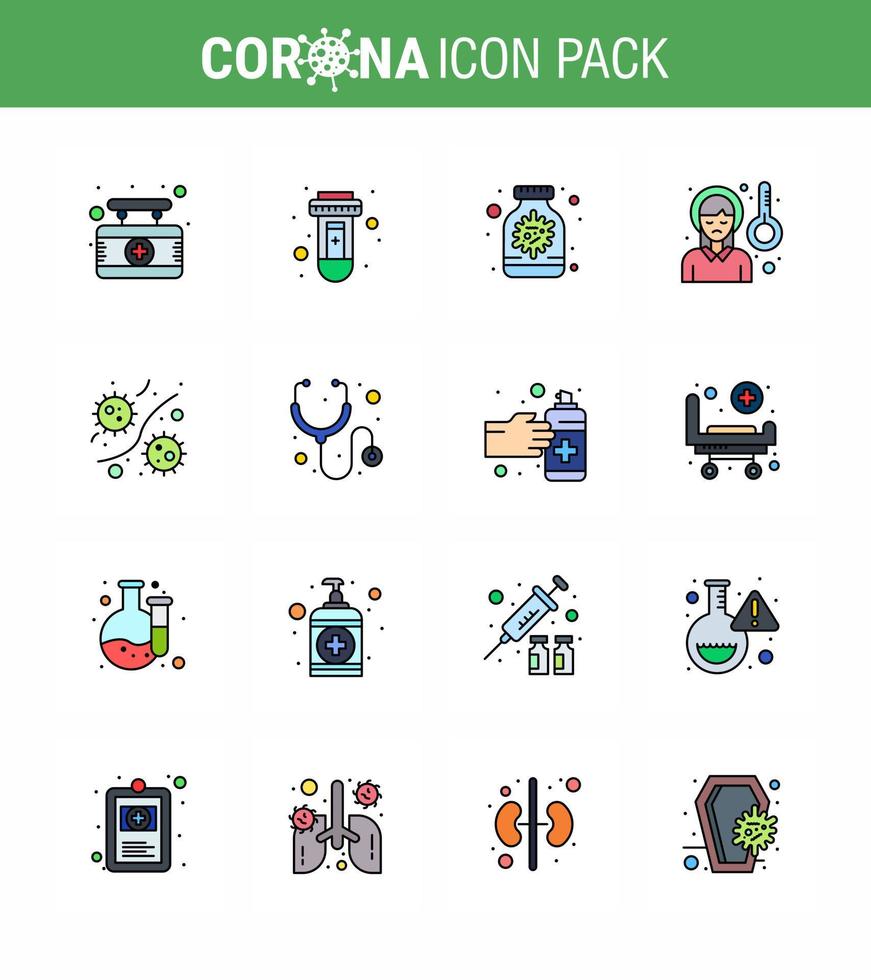 16 Flat Color Filled Line Set of corona virus epidemic icons such as bacterium sick antivirus pain head viral coronavirus 2019nov disease Vector Design Elements