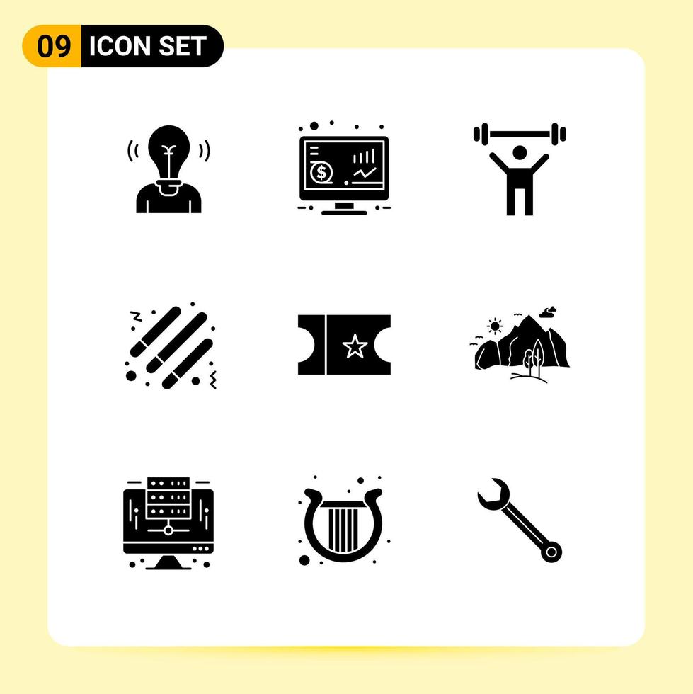 Editable Vector Line Pack of 9 Simple Solid Glyphs of movie party money night weight Editable Vector Design Elements