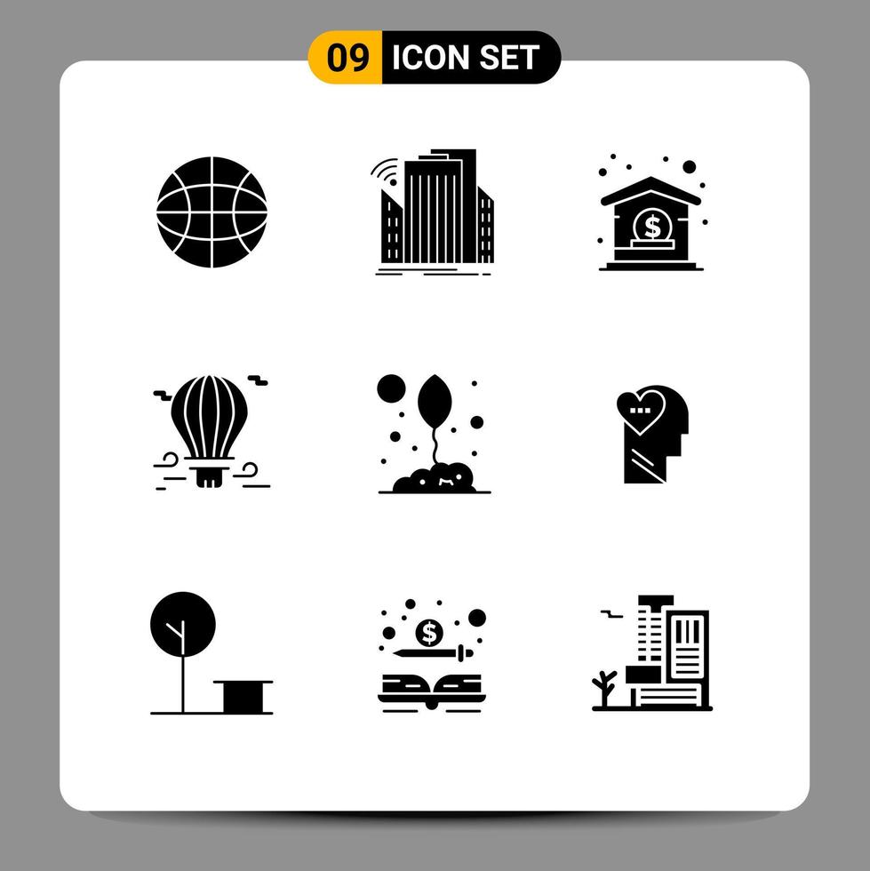 Mobile Interface Solid Glyph Set of 9 Pictograms of agriculture airballoon bank hot balloon Editable Vector Design Elements