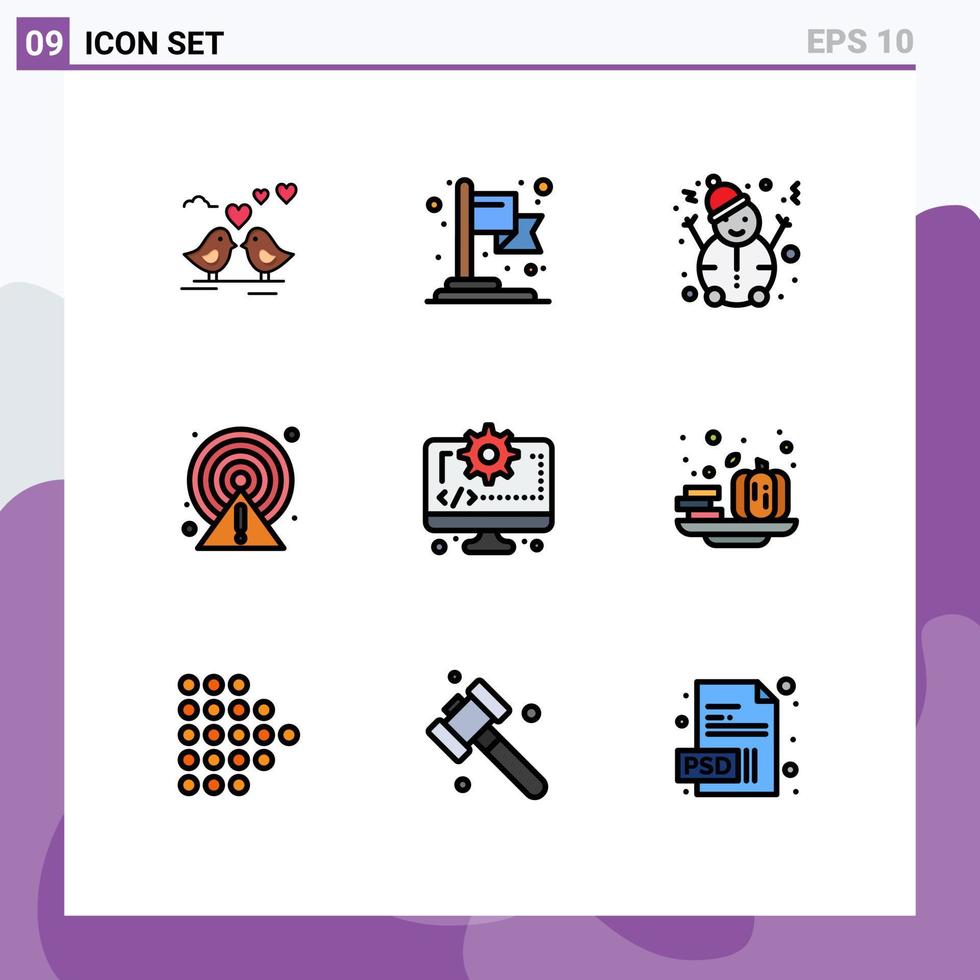 conjunto de pictogramas de 9 colores planos de línea de llenado simple de elementos de diseño de vector editables de círculo de computadora de nieve de codificación de engranajes