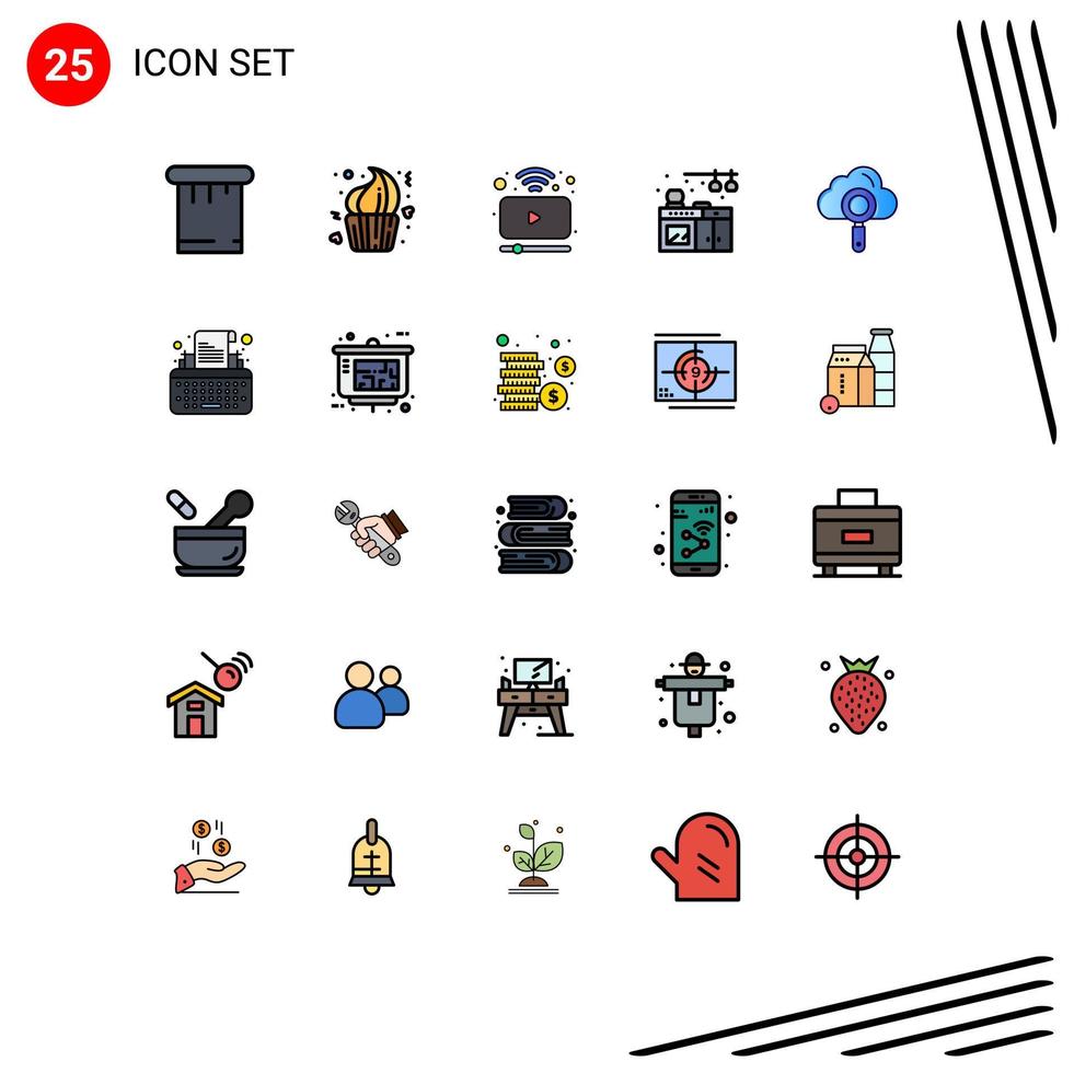 25 User Interface Filled line Flat Color Pack of modern Signs and Symbols of find computing movie cloud living Editable Vector Design Elements