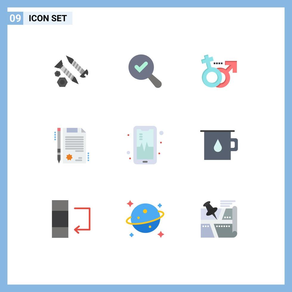 Mobile Interface Flat Color Set of 9 Pictograms of beat phone gender legal certificate Editable Vector Design Elements