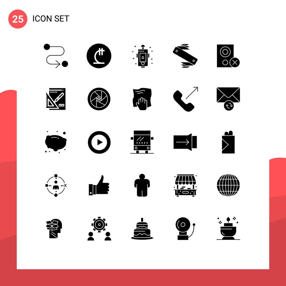 Group of 25 Solid Glyphs Signs and Symbols for computers swiss danger camping knife Editable Vector Design Elements