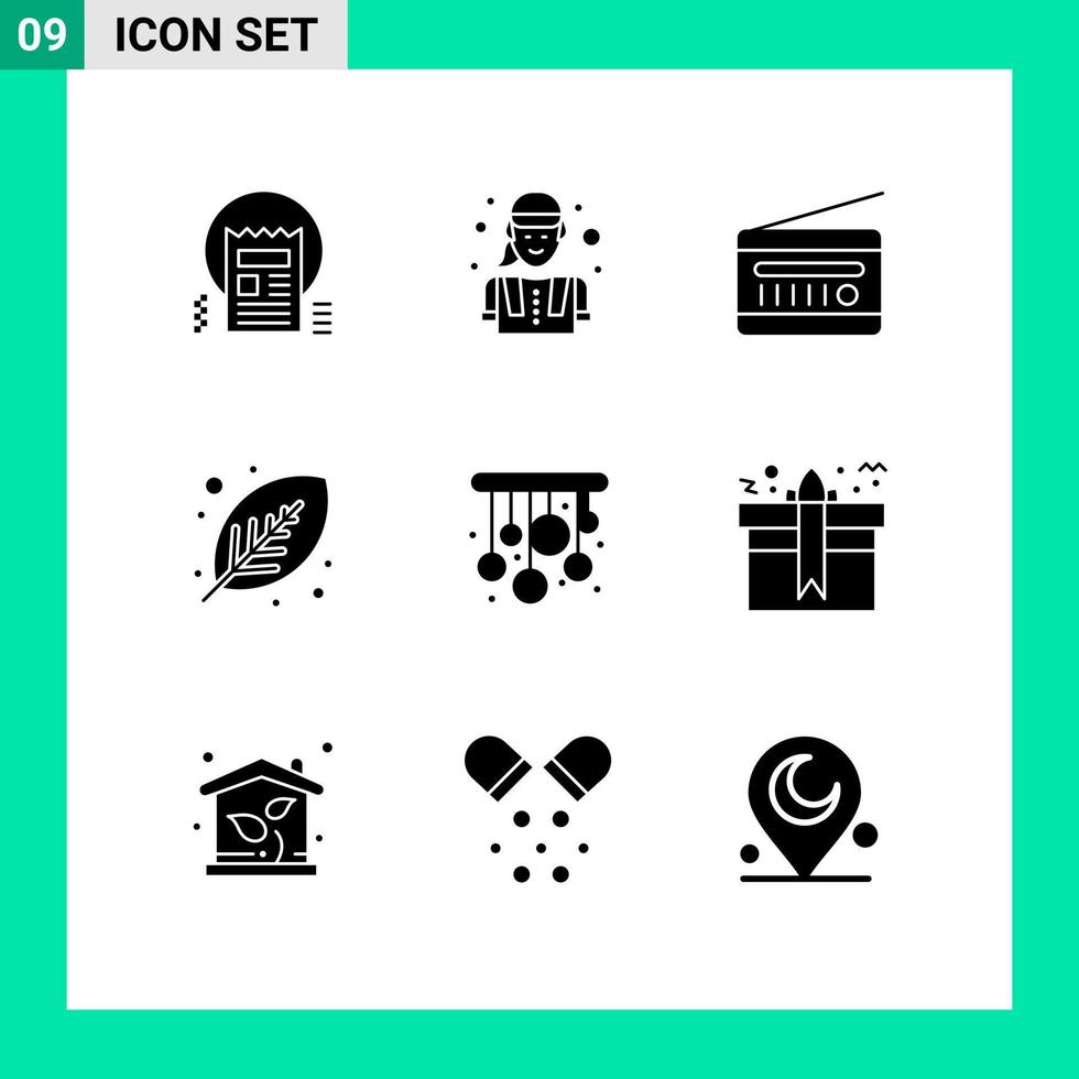 9 Thematic Vector Solid Glyphs and Editable Symbols of plant green worker eco radio receiver Editable Vector Design Elements