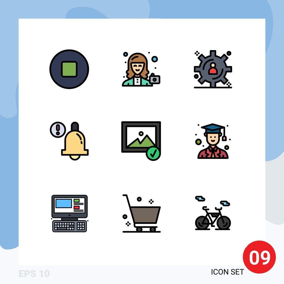 conjunto de 9 iconos de interfaz de usuario modernos signos de símbolos para elementos de diseño de vector editables de campana de fotografía de almacenamiento de contenido seleccionado graduado