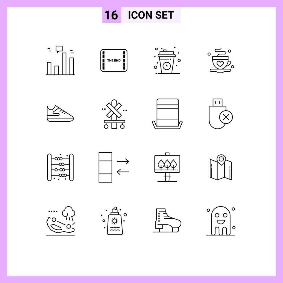 Group of 16 Modern Outlines Set for exercise tea break coffee relax Editable Vector Design Elements