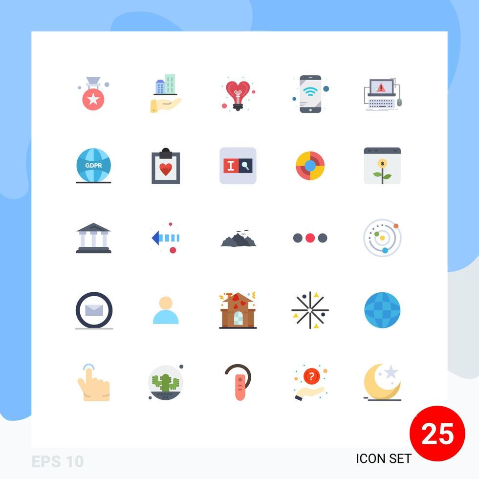 Pictogram Set of 25 Simple Flat Colors of error computer bulb wifi mobile Editable Vector Design Elements