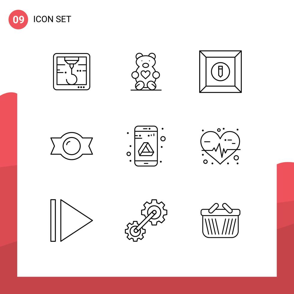 Set of 9 Vector Outlines on Grid for heart rate storage product google app Editable Vector Design Elements