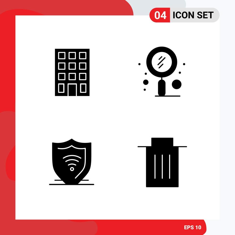 Universal Icon Symbols Group of 4 Modern Solid Glyphs of building internet security quest seo shield Editable Vector Design Elements