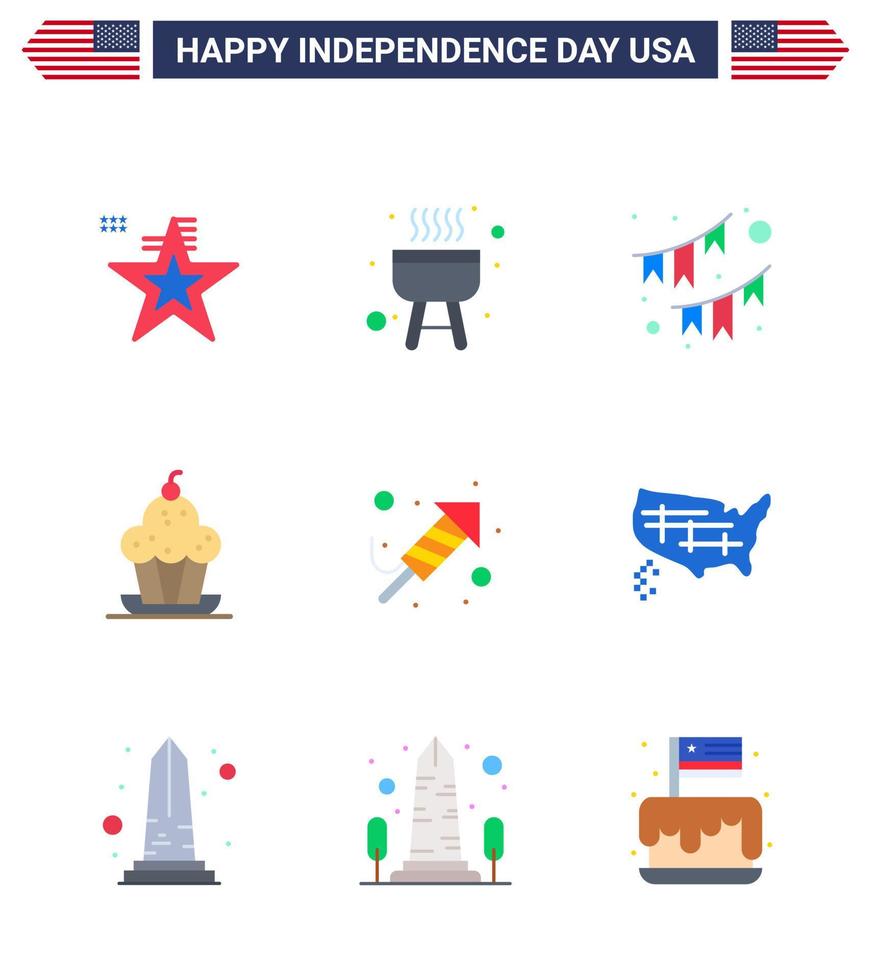 Big Pack of 9 USA Happy Independence Day USA Vector Flats and Editable Symbols of fire work sweet buntings muffin cake Editable USA Day Vector Design Elements