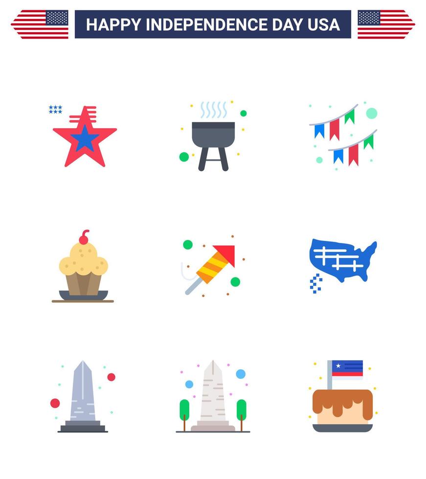 paquete grande de 9 estados unidos feliz día de la independencia estados unidos pisos vectoriales y símbolos editables de trabajo de fuego empavesados dulces pastel de muffin elementos de diseño vectorial del día de estados unidos editables vector