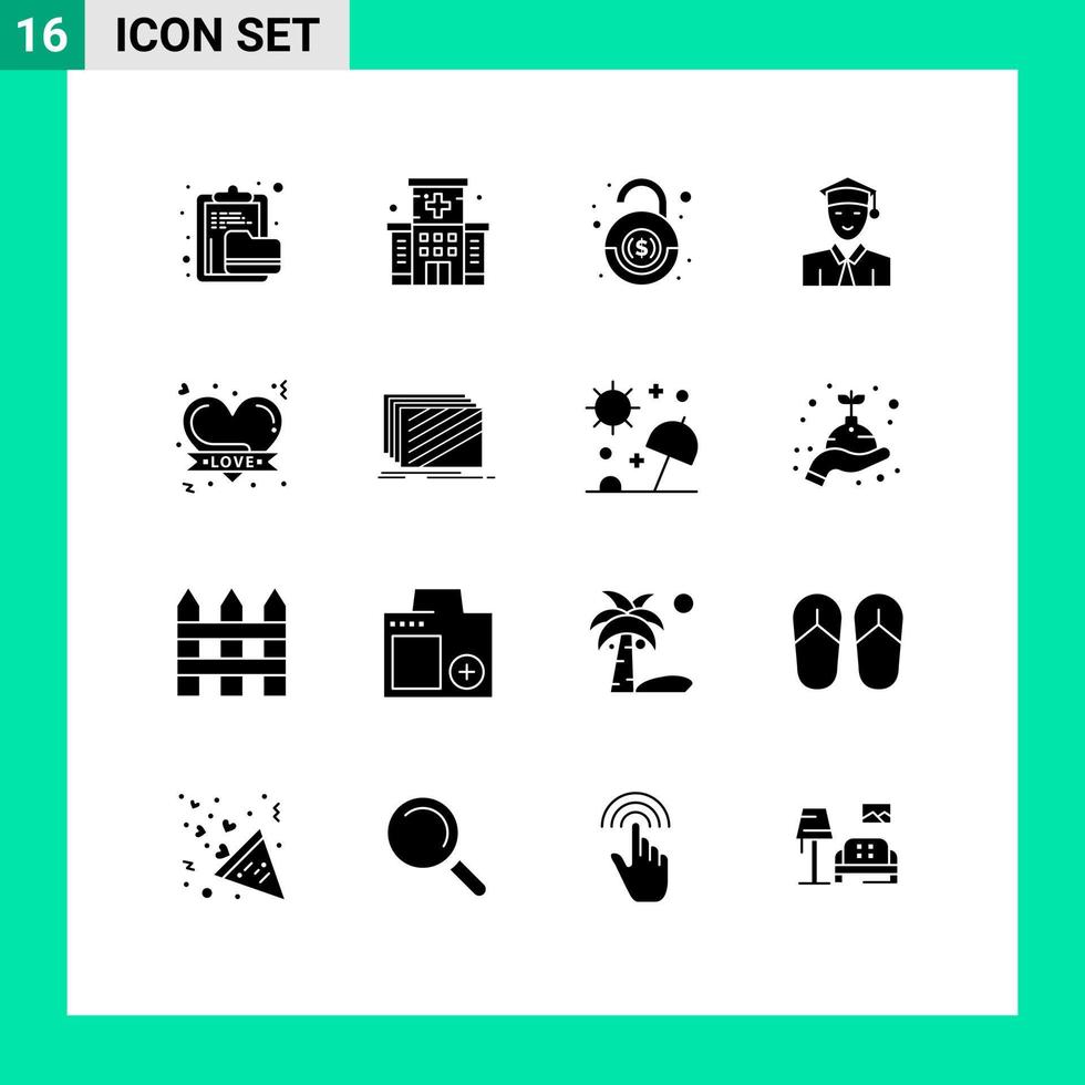 Modern Set of 16 Solid Glyphs Pictograph of badge graduate building education security Editable Vector Design Elements