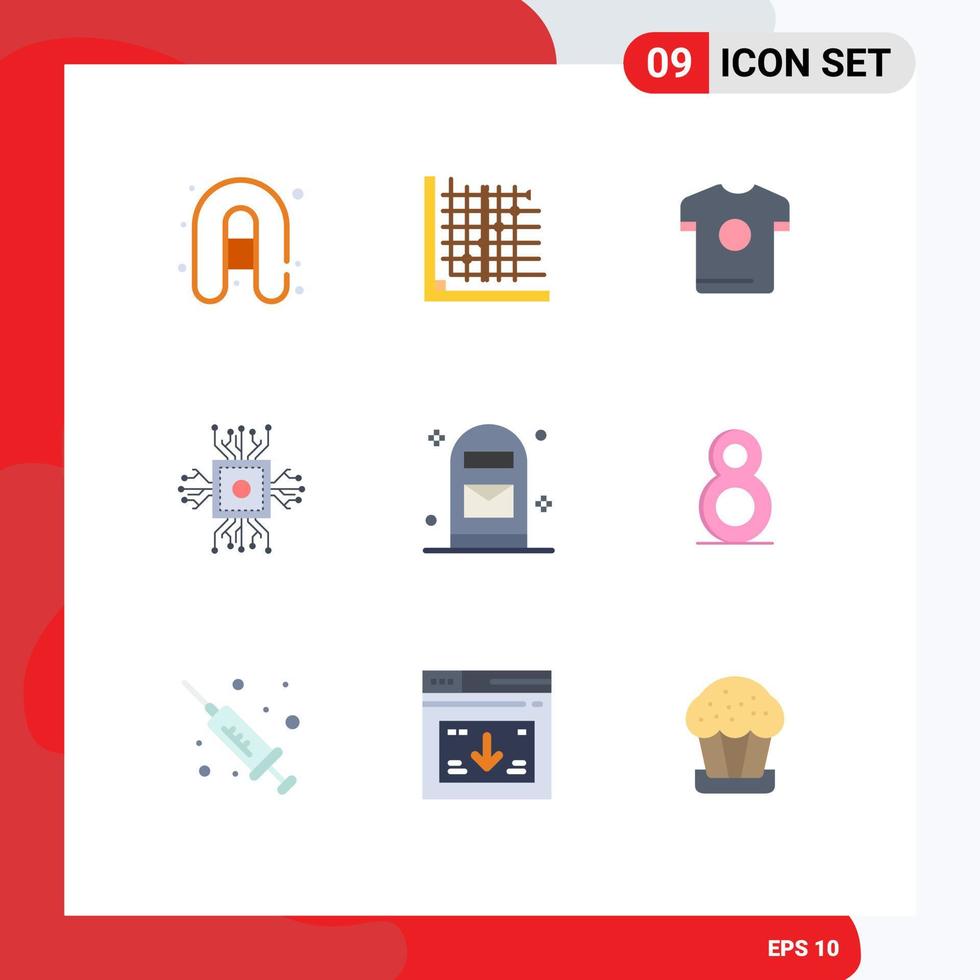 Universal Icon Symbols Group of 9 Modern Flat Colors of box processor t shirt microchip chip Editable Vector Design Elements
